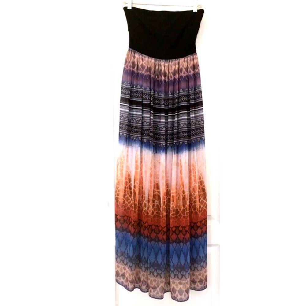 Bebe Black and Blue Pleated Strapless Maxi Dress